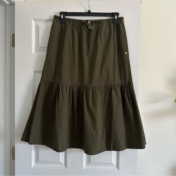 Size L Scotch & Soda Women’s Olive Green Tiered Midi Skirt Elastic Waist Boho - Picture 2 of 8